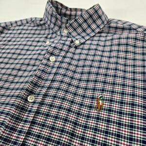 Ralph Lauren Flesh Pony Long Sleeve Button Up Blue Plaid Shirt Men's Size Medium